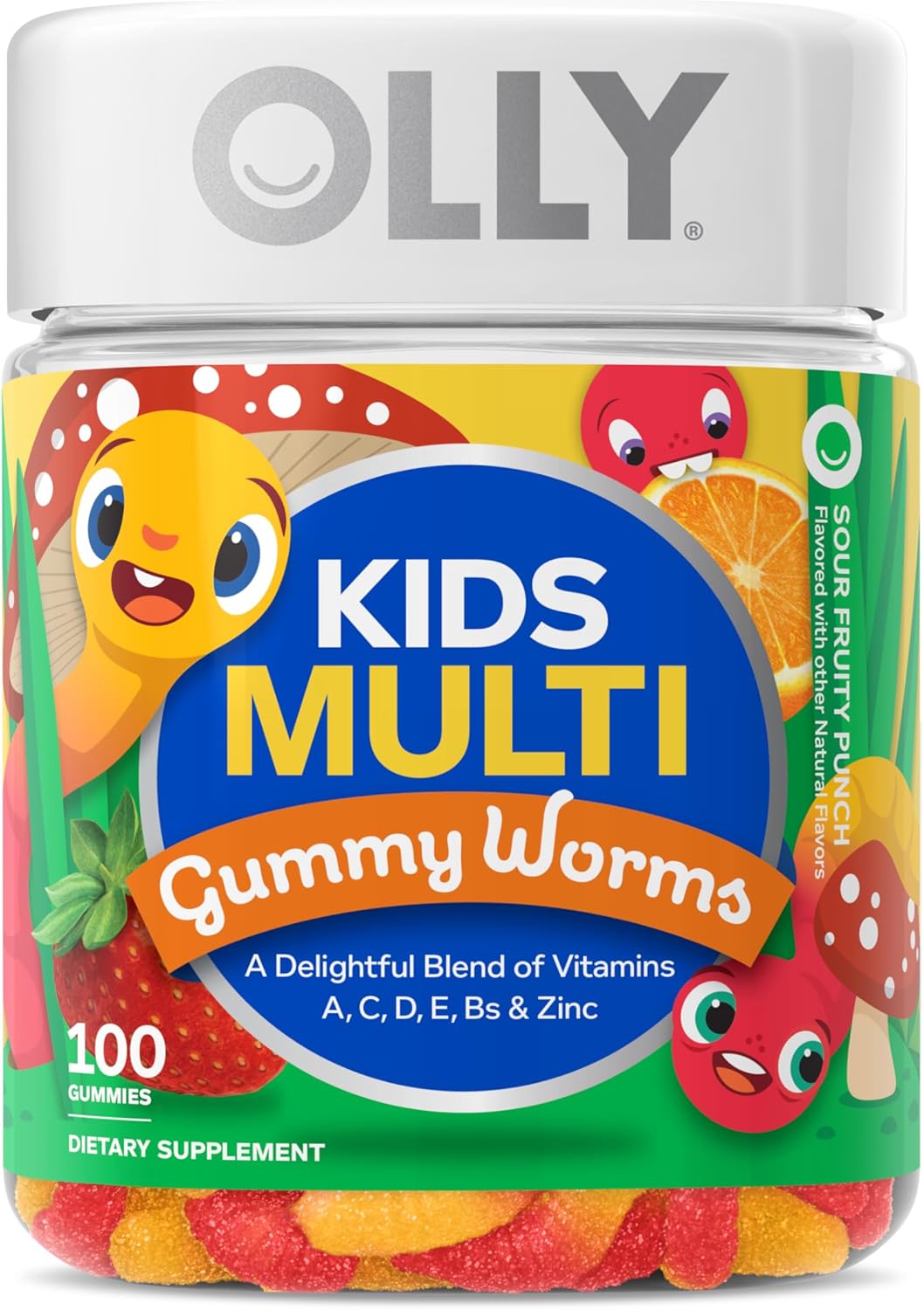 OLLY Kids Multivitamin Gummy Worms, Overall Health and Immune Support, Vitamins and Minerals A, C, D, E, Bs and Zinc, Kids Chewable Supplement, Sour Fruit Punch, 45 Day Supply - 100 Count