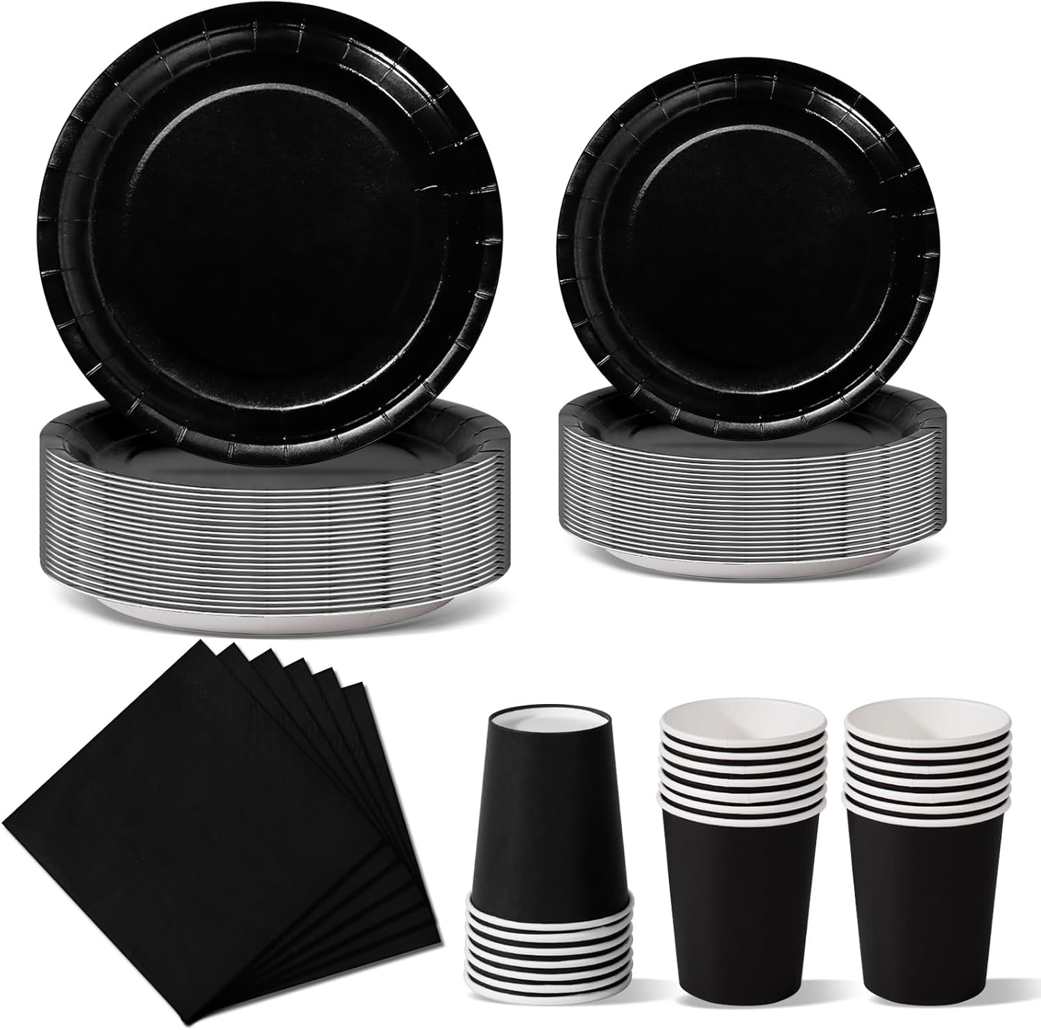 Nkaiso Black Party Tableware, 96 Pieces Colorful Party Supplies Set Solid Color Paper Plates Cups and Napkins for Birthday Party Supplies