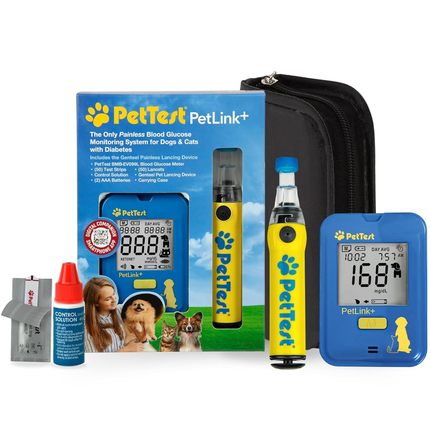 PetTest Painless Glucose Monitoring Kit for Dogs & Cats, Diabetic Pet Blood Sugar Check Gear, Includes Wireless PetLink+ Meter, 50 Test Strips, Genteel Lancing Device, 50 Lancets, Soft Carrying Case