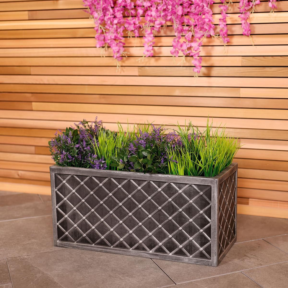 Charles Bentley Lazio Trough Pewter Planter (70cm) Grey Plastic Pot Outdoor Garden