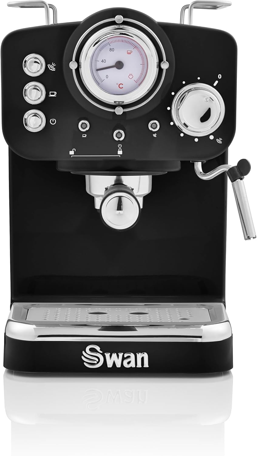 Swan SK22110BN Retro Espresso Coffee Machine with Milk Frother, Steam Pressure Control, 1.2L Detachable Water Tank, 1100W, Retro Black