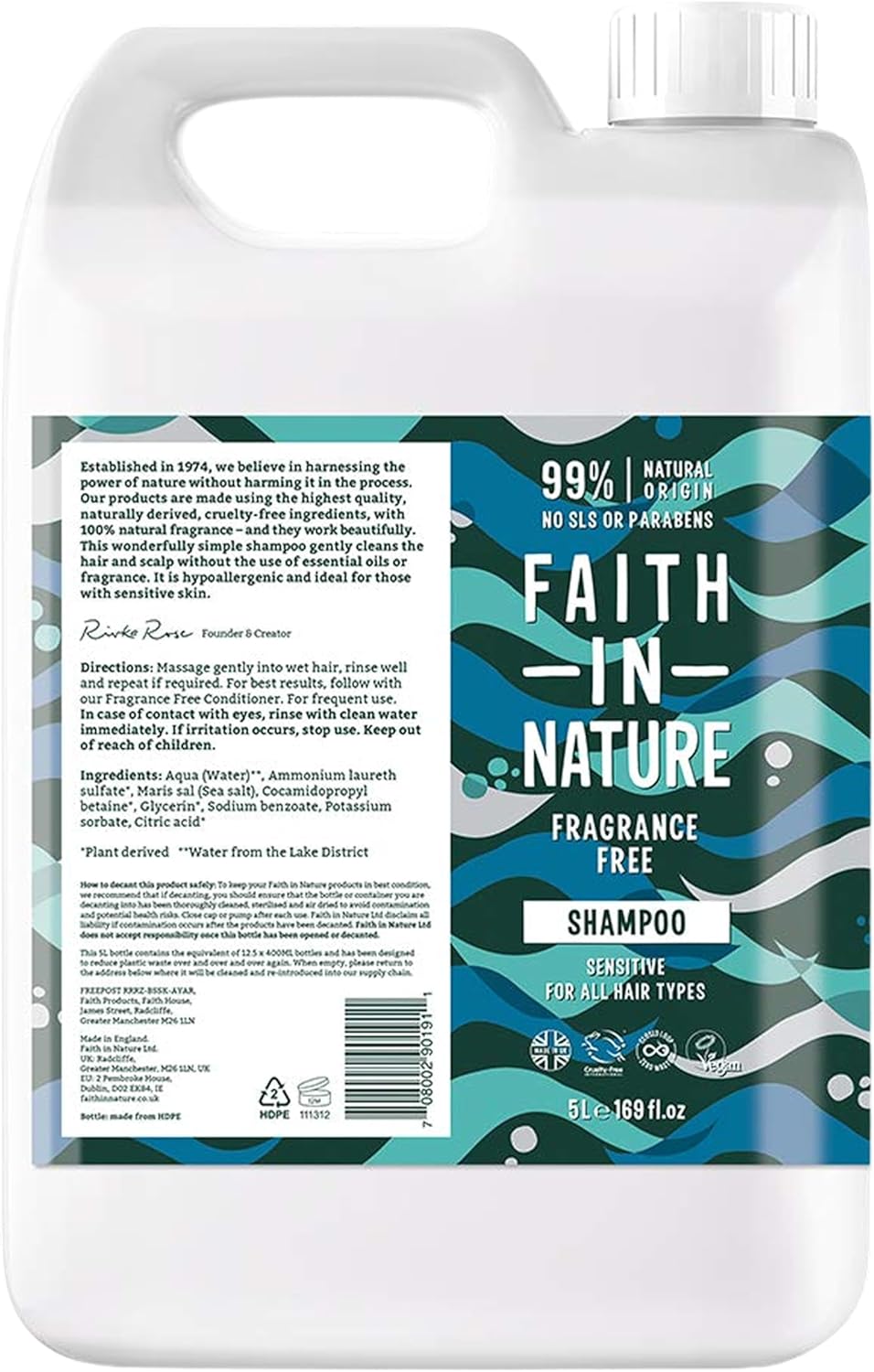 Faith In Nature Natural Fragrance Free Shampoo, Sensitive, Vegan and Cruelty Free, No SLS or Parabens, For All Hair Type, 5L Refill Pack