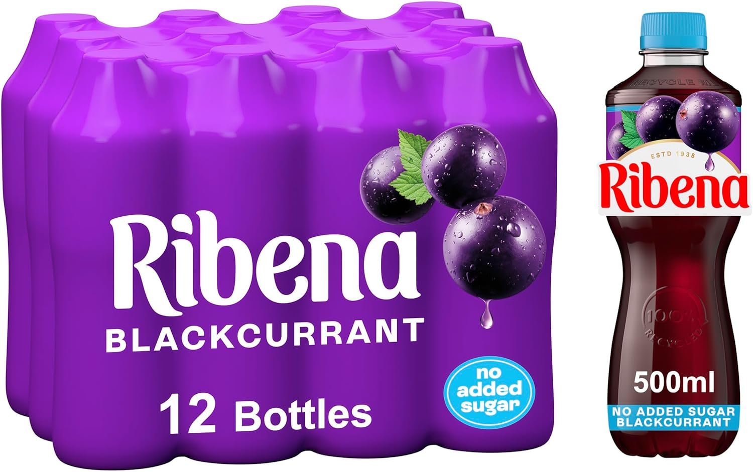 Ribena Blackcurrant Juice Drink No Added Sugar 500ml - Multipack of 12 | Real British Blackcurrants | Rich in Vitamin C | No Artificial Colours | Low Calorie |100% Recycled Plastic Bottle