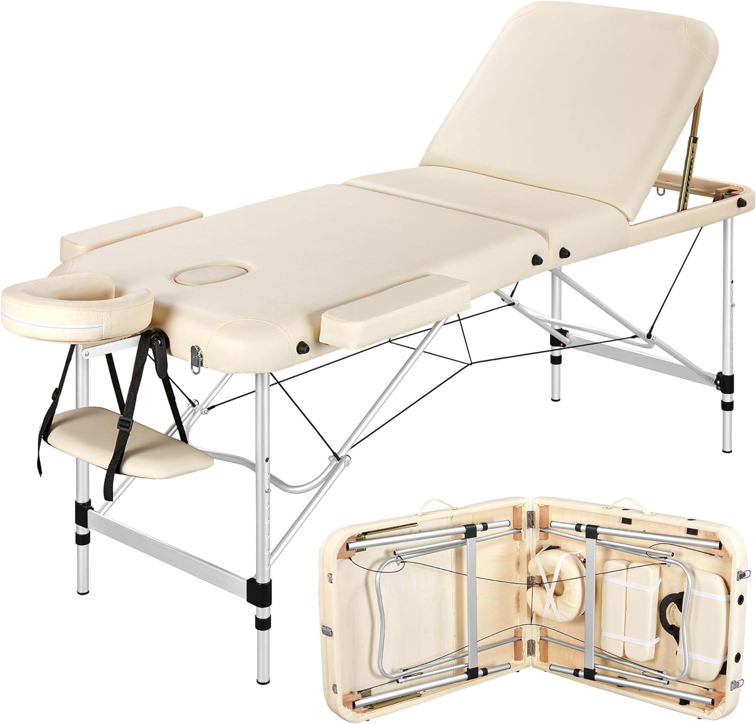 Yaheetech Foldable Massage Bed Portable Lash Table Beauty Bed Professional Salon Spa Table Aluminum 70 cm Width 3 Section Cream