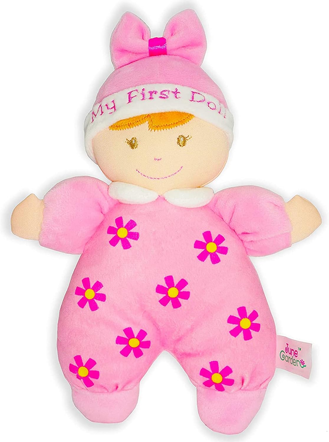 June Garden 9" My First Doll Sienna - Soft Plush Baby Doll with Rattle - Pink Outfit