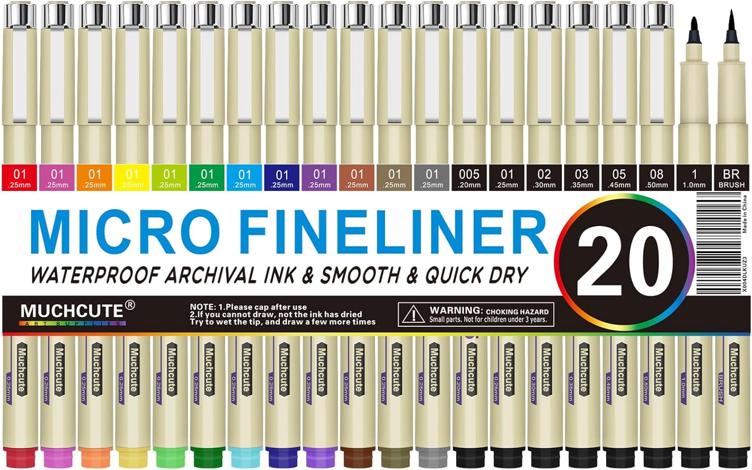 Muchcute Micro Fineliner Drawing Art Pens: 20 Set (12 Colors & 8 Black) Extra Fine Line Waterproof Ink Artist Supplies Archival Inking Ultra Thin Markers Sketch Sketching Watercolor Zentangle Stuff