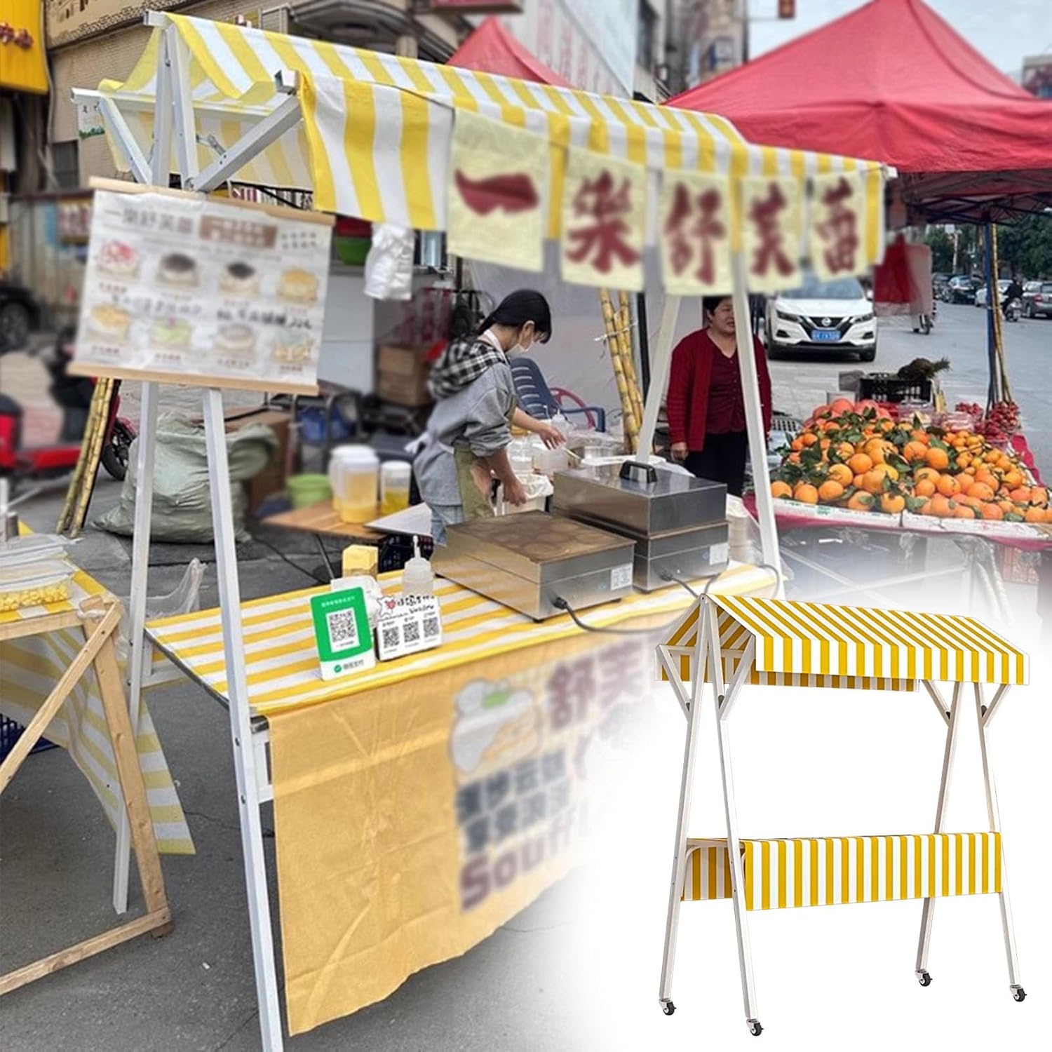 Oracra Metal Concession Food Vending Stand Kiosk, Mobile Cart Night Market Stall Display Rack with Wheels, Selling Food Cart Booth for Business Party