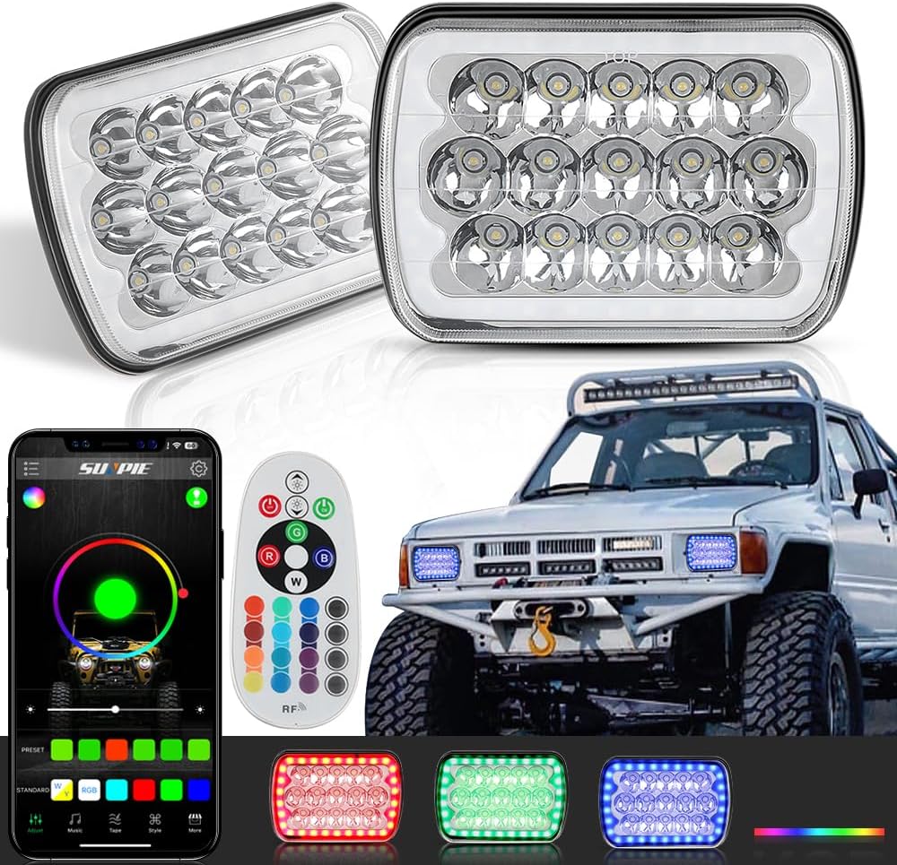 SUNPIE 5X7 LED Headlights for Trucks 7x6 Halo Headlight Assembly with RGB Halo DOT Approved w/High Low Beam&Waterproof Compatible with Jeep Cherokee XJ Wrangler YJ Ford Chevy GMC Toyota Nissan Dodge