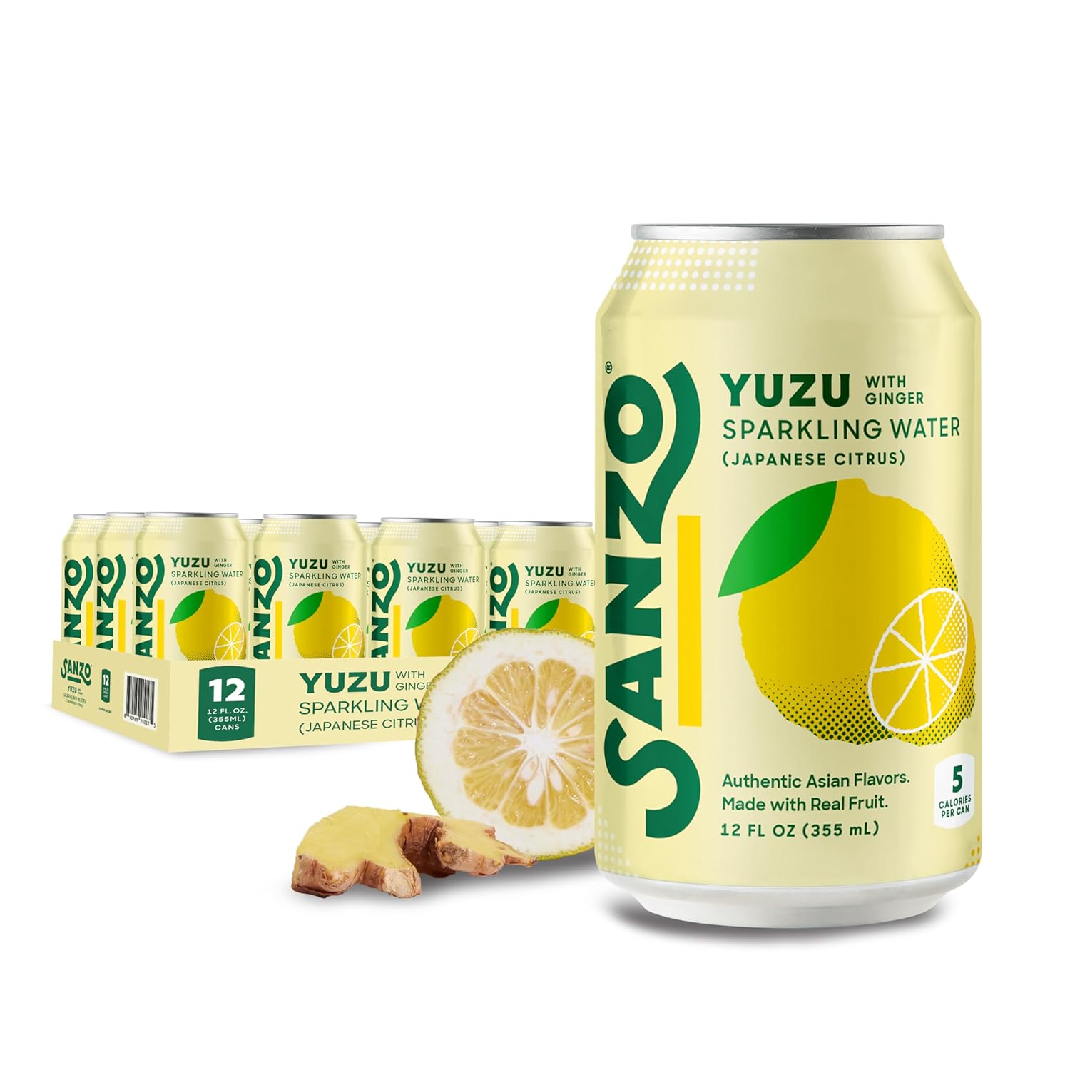 Sanzo Flavored Sparkling Water - Yuzu Lemon Soda Ginger Seltzer - Low Calorie Low Sugar Soda - Craft Asian Drinks - Vegan Gluten Free Carbonated Flavored Water - Fizzy Healthy Drinks - 12oz, 12 Pack