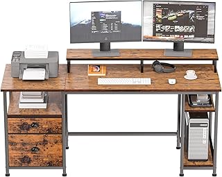 Furologee 61" Desk with Fabric File Drawer, Reversible Computer Desk with Shelves and Drawer, Industrial Writing Desk with Monitor Stand, Long Study Table Workstation for Home Office, Rustic Brown