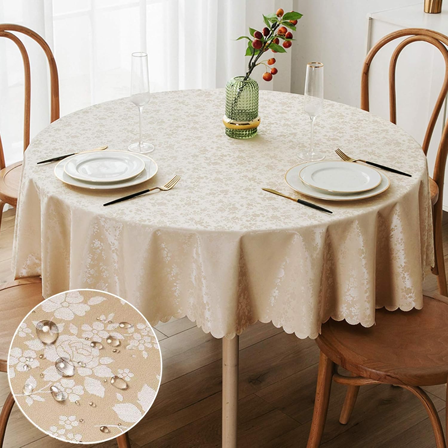smiry Round Table Cloth, Waterproof Heavy Duty Vinyl Tablecloths, Wipeable Washable Table Cover for Kitchen and Dining Room (Beige, 60" Round)