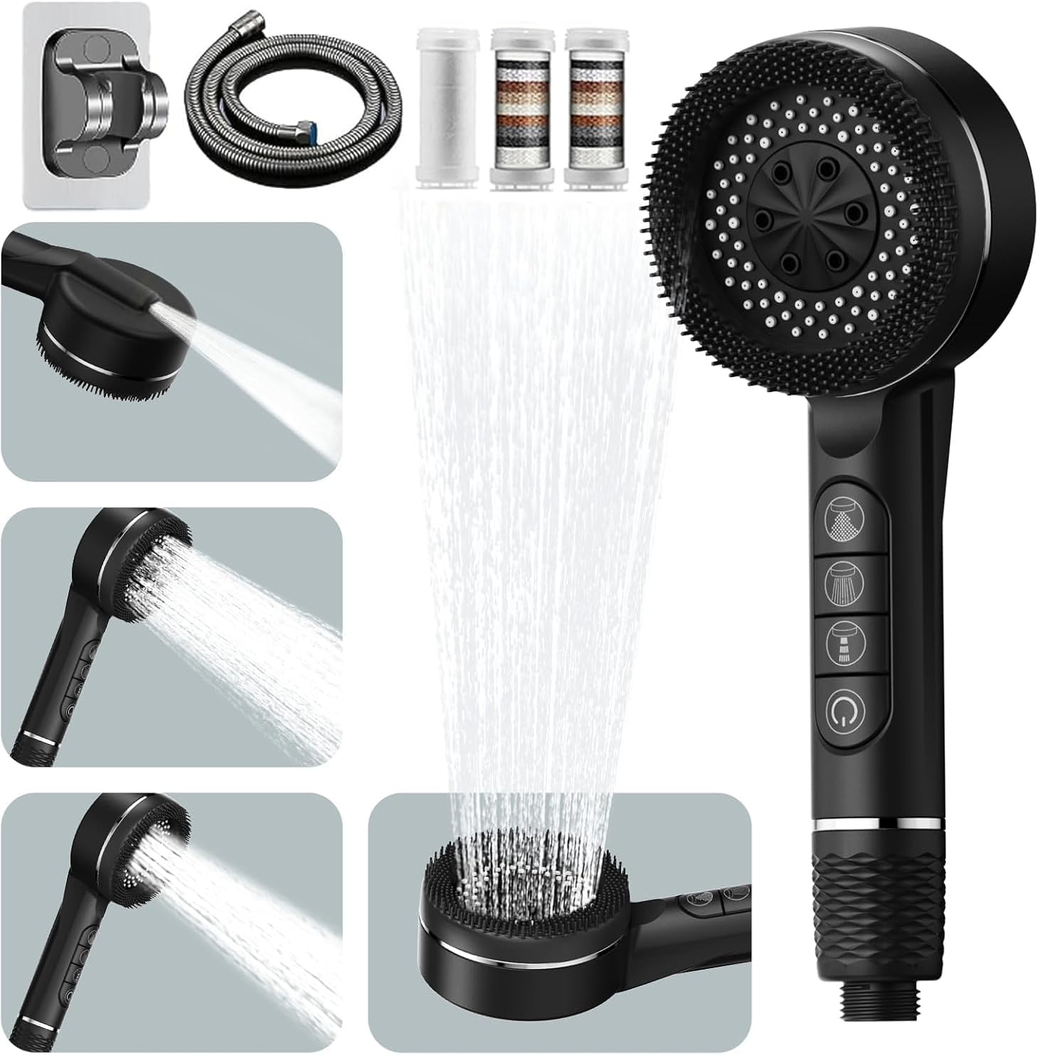High Pressure Shower Heads, Hard Water Filter Shower Head with 1.5m Shower Hose and Shower Stand, 4 Mode Power Shower Head with Pause Switch, Shower Pro Head Showerhead with Water Filter, Black