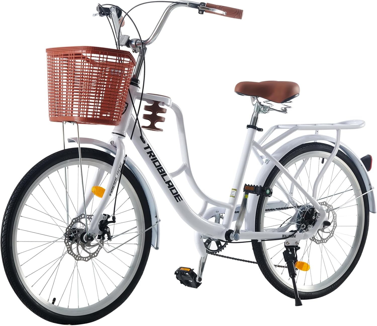 BSTSEL 24/26 Inch Wheels Vintage bike Fabric Bike City Classic Bicycle, Retro Bicycle With 7 Speed Gears, Dual Disc Brakes, Sprung Saddle, Rack And Front Basket Formal Road Bike For Woman