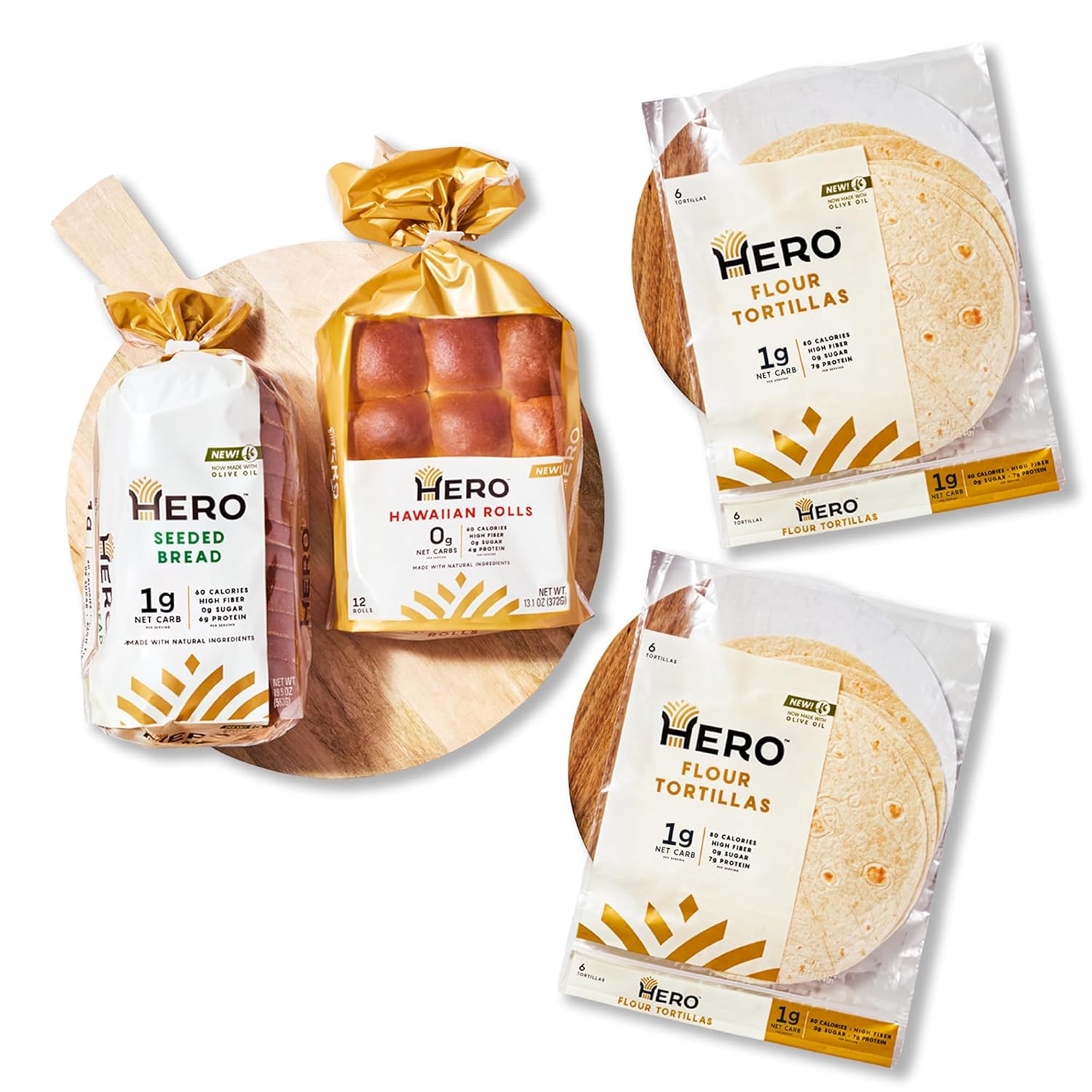 Hero Bread Hero Hits Bundle — 0g Net Carb Hawaiian Rolls, Tortillas & 1g Net Carb Seeded Bread | 0g Sugar, High Fiber, 100 Calories per serving | Net Low Carb & Keto-Friendly