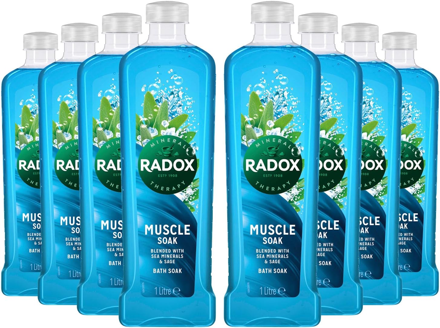 Radox Mineral Therapy Bath Soak with Nature Inspired Unique Blend of Herbs for Men and Women pH Skin Neutrally Blended for All Skin Types Body Cleanser, 1 Litre (8 Pack, Muscle Soak)