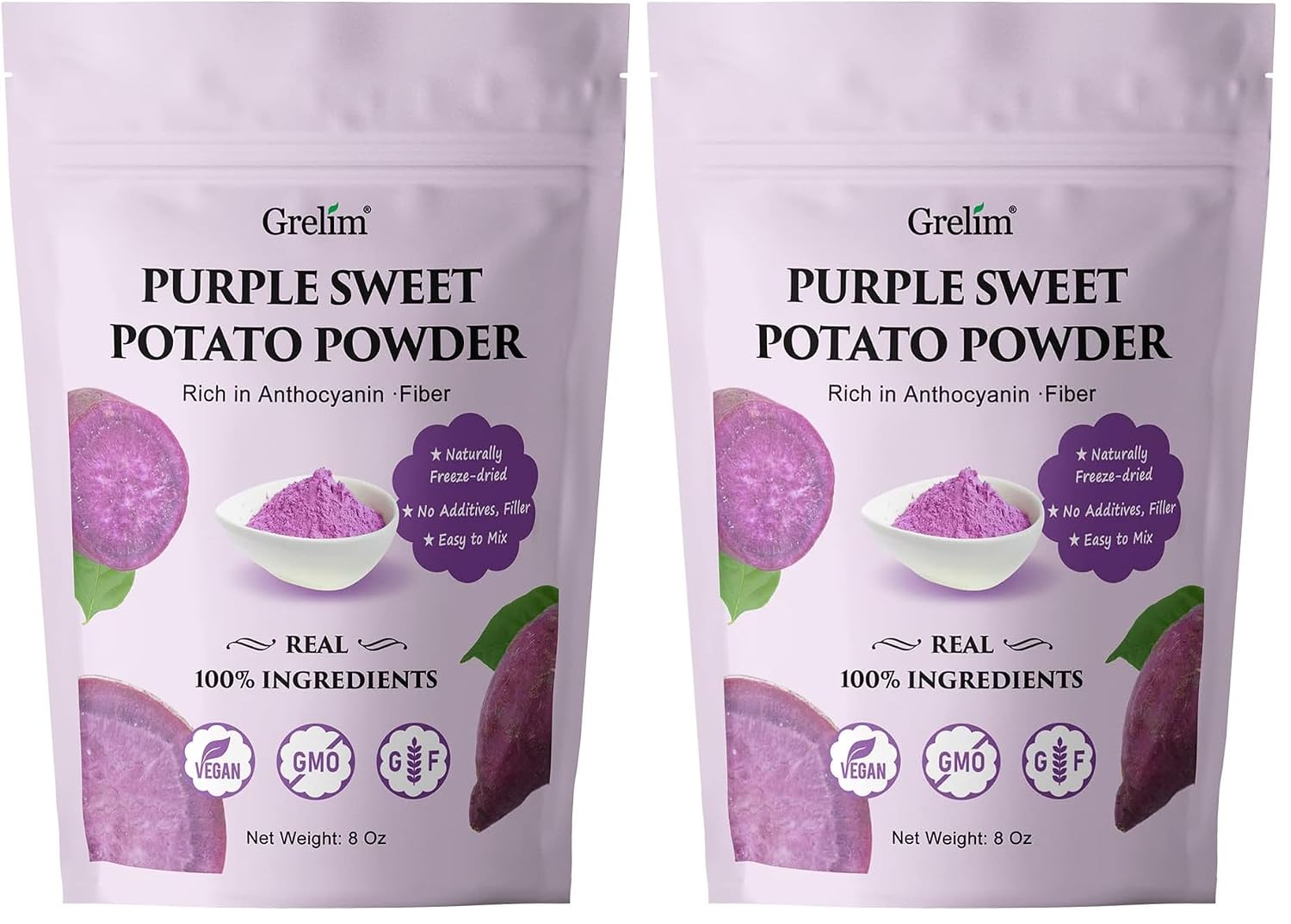 Grelim Premium Purple Sweet Potato Powder 8 Oz, Pure Natural Ube (Purple Yam) Powder Gluten Free Vegan Non-GMO 227g (Pack of 2)
