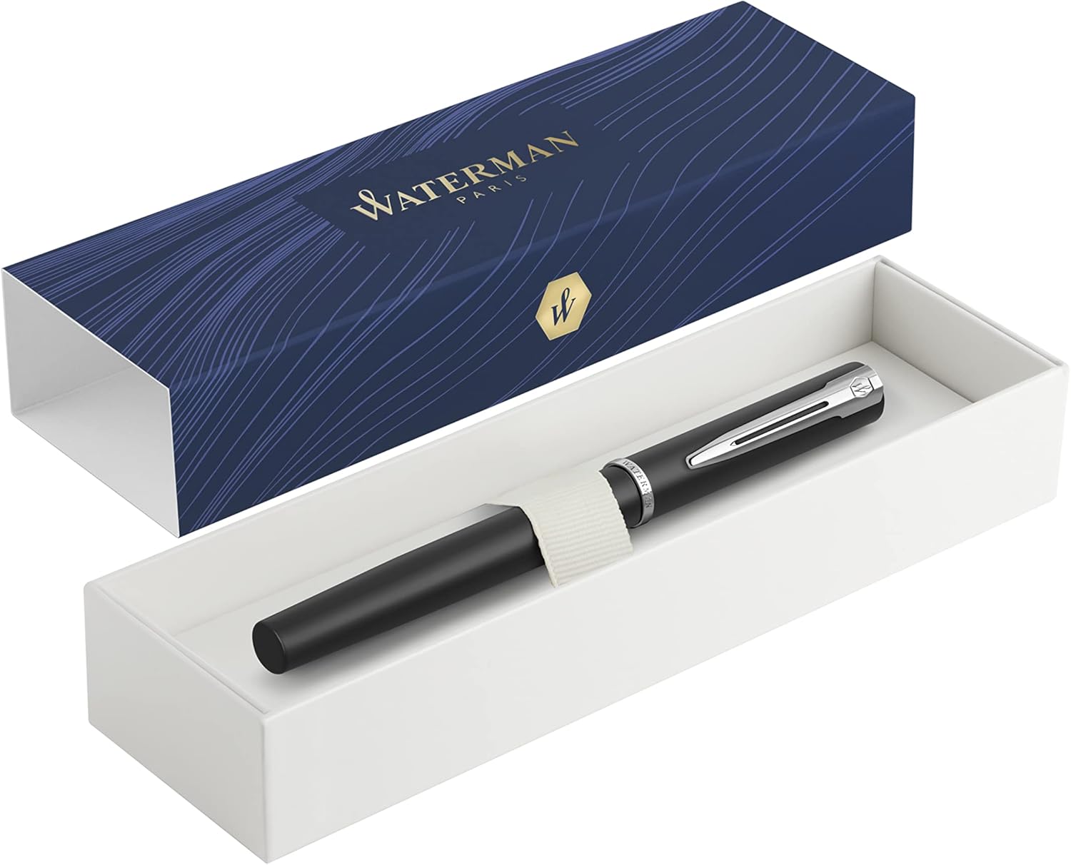 Waterman Allure Premium Metal Fountain Pen | Matte Black with Chrome Trim | Fine Nib | Blue Ink | Gift Boxed