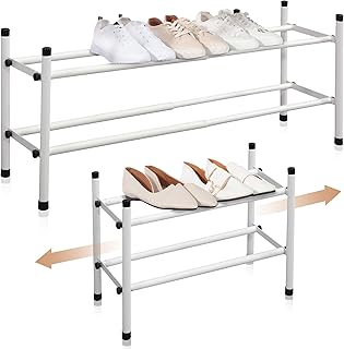 STORAGE MANIAC Expandable Shoe Rack, Stackable Shoe Rack for Closet, Small Shoe Rack Organizer for Entryway, Adjustable Shoe Rack for Garage, Shoe Rack for Front Door, Metal Shoe Rack, White 2 Tier