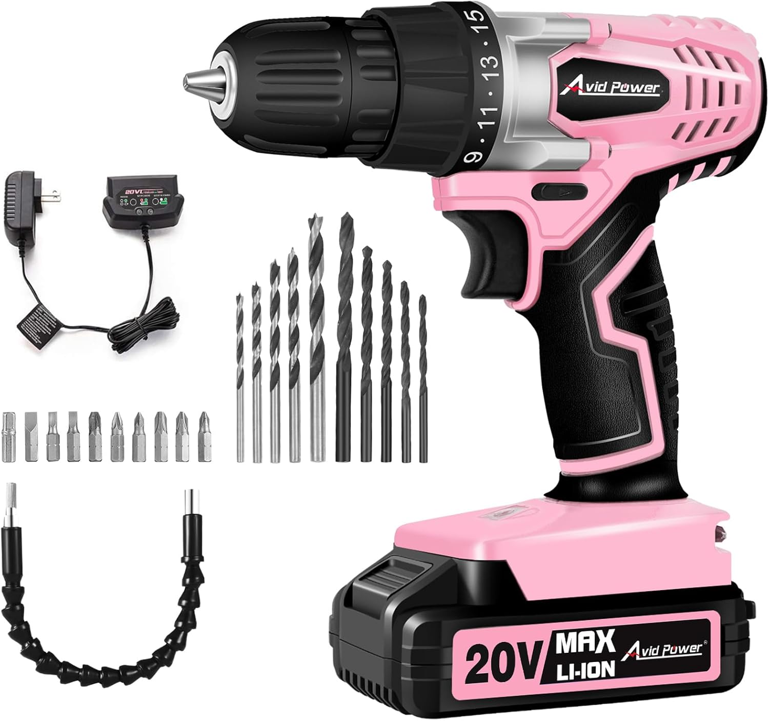 AVID POWER 20V MAX Lithium lon Cordless Drill Set, Power Drill Kit with Battery and Charger, 3/8-Inch Keyless Chuck, Variable Speed, 16 Position and 22pcs Bits (Pink)