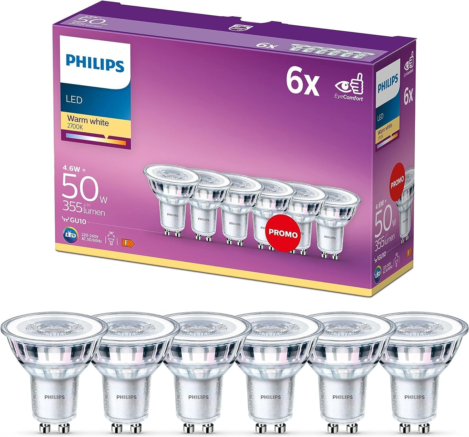 Philips LED Classic Light Bulb 6 Pack [GU10 Spot] 4.6 W - 50 W Equivalent, Warm White (2700K), Non Dimmable