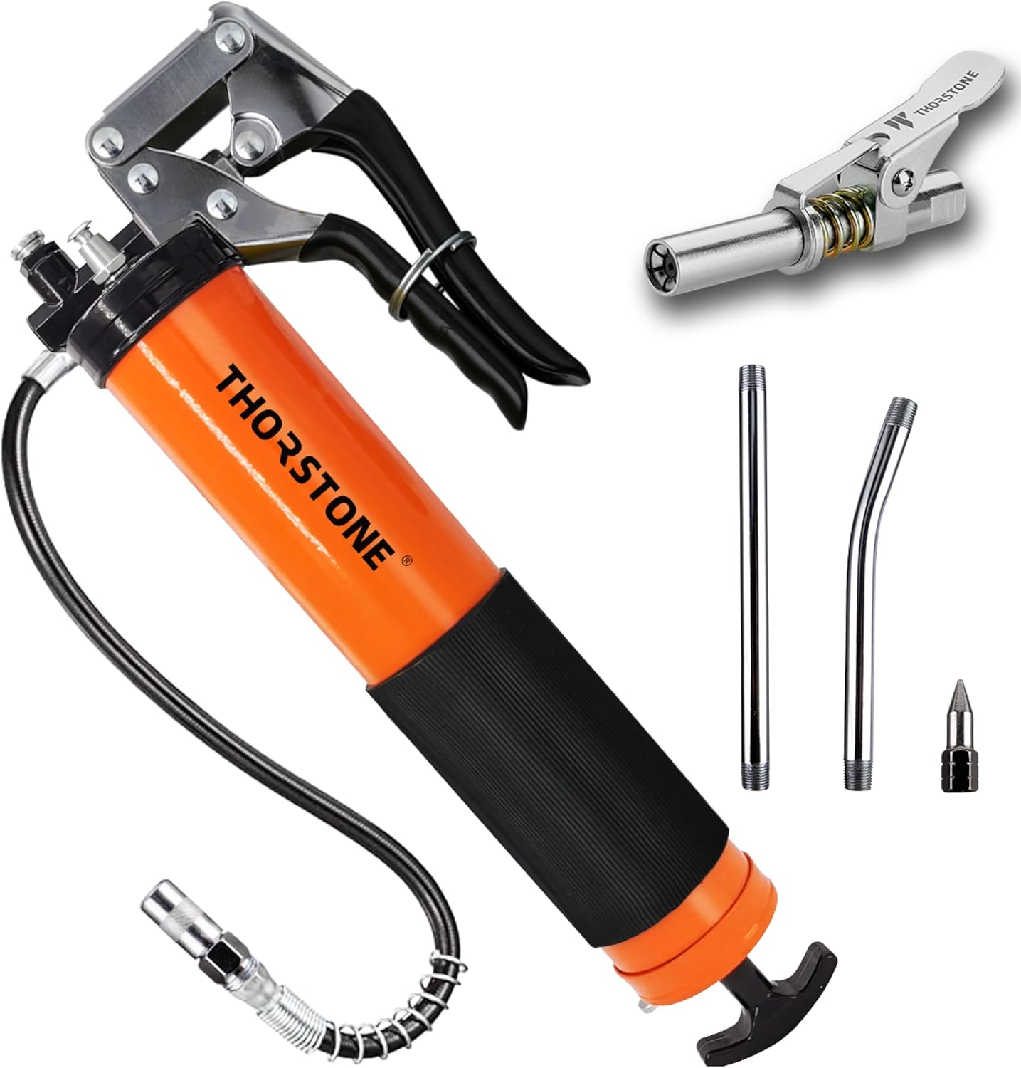Thorstone 7000PSI Heavy Duty Pistol Grip Grease Gun Kit | 14oz Load Capacity | 18" Spring Flex Hose | 1 Lock Coupler | 1 Reinforced Coupler | 1 Sharp Type Nozzle | 2 Extension Rigid Pipe