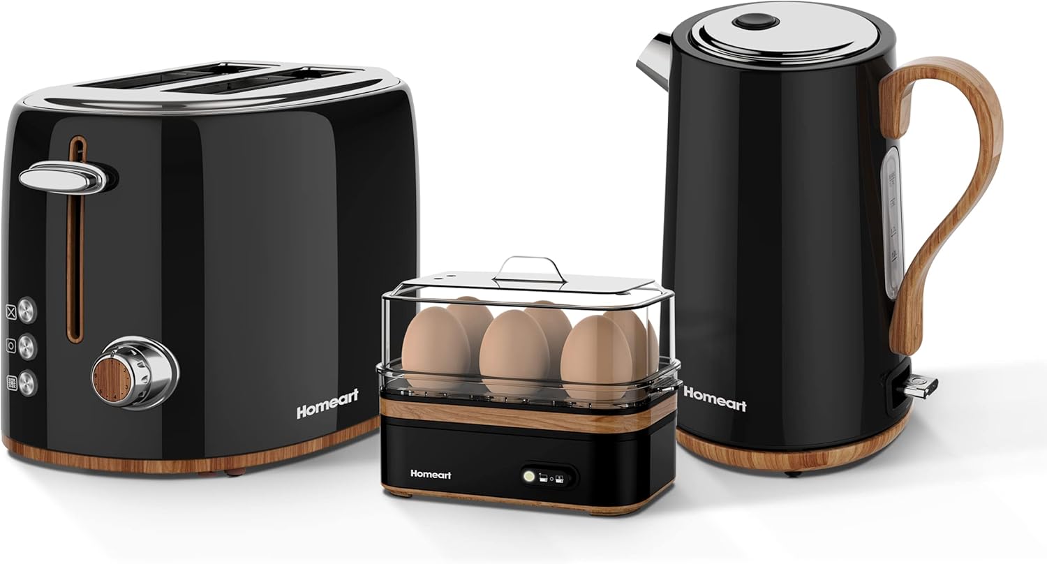 Panda Collection - Cordless Electric Kettle with Wood Detail, 2-Slice Toaster with Adjustable Browning Control and Egg Boiler with 6 Egg Capacity - Black