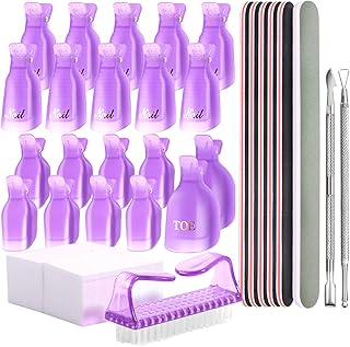 Teenitor Gel Nail Polish Remover Tools Kit, Nail Clips For Polish Removal, Nail Remover Pads Cuticle Peeler Nail File Buffer Nail Brushes, Nail Soak Off Clips For Hands and Toes Purple