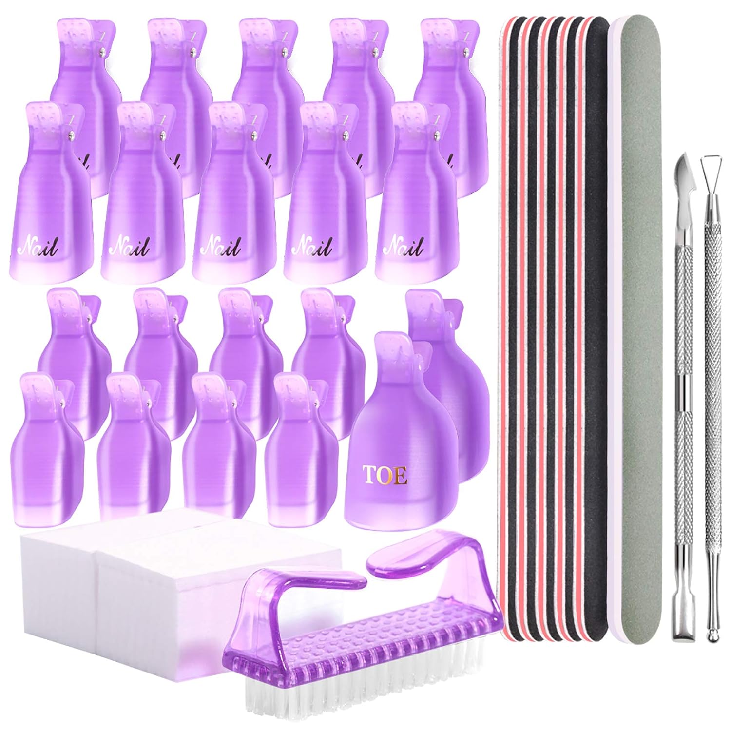 Teenitor Gel Nail Polish Remover Tools Kit, Nail Clips For Polish Removal, Nail Remover Pads Cuticle Peeler Nail File Buffer Nail Brushes, Nail Soak Off Clips For Hands and Toes Purple