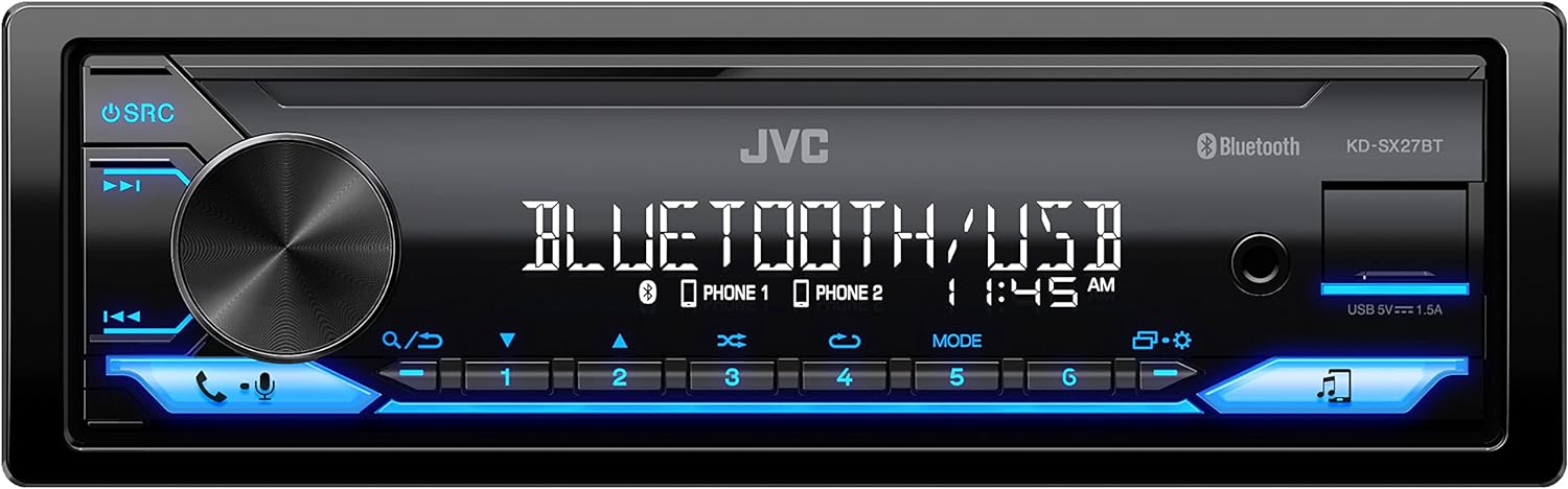 JVC KD-SX27BT Car Stereo with Bluetooth, 100W Digital Media Receiver, 1.5A USB to Charge Devices, Single DIN Head Unit, AM/FM, Aux-in, JVC Remote App
