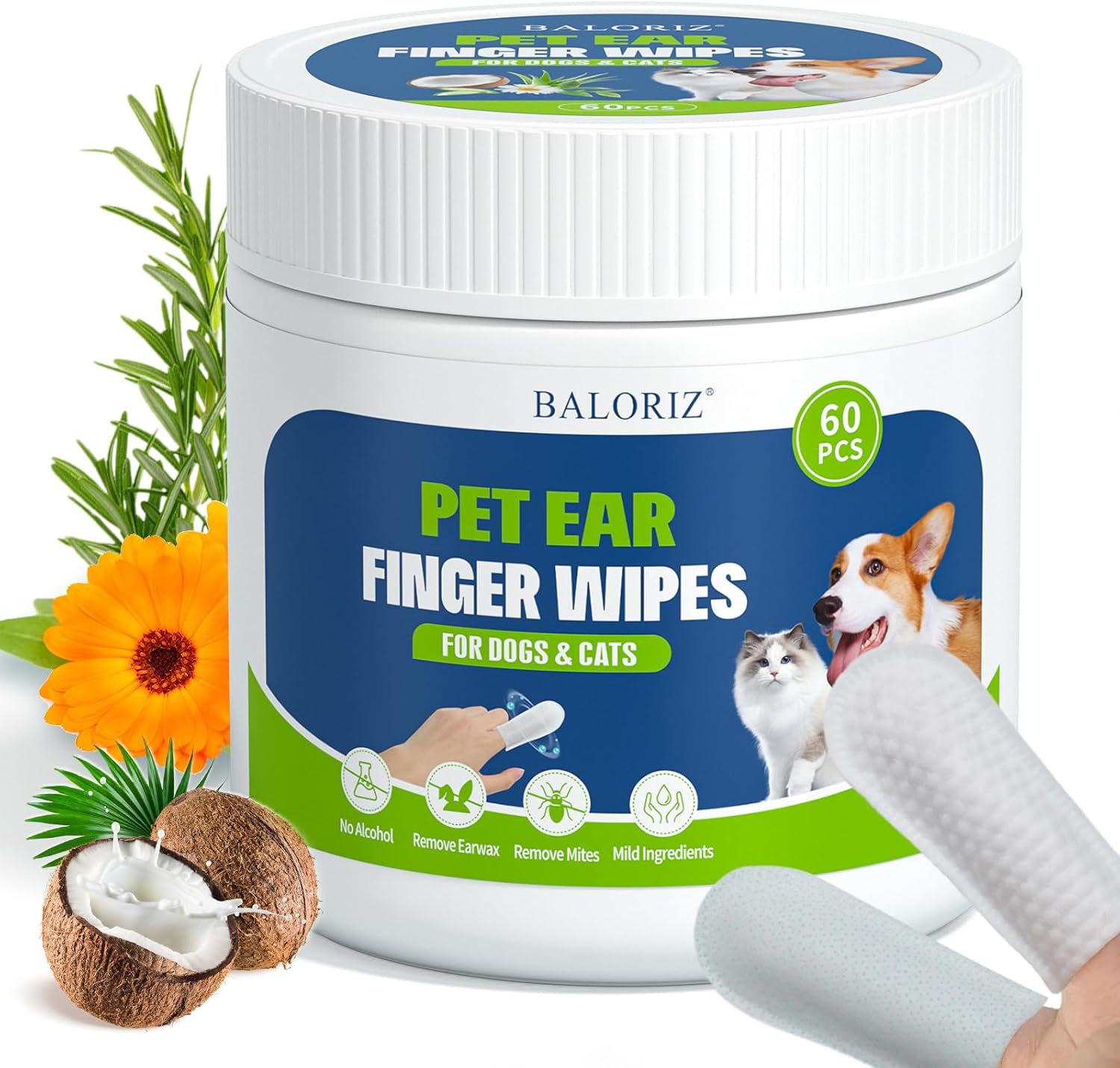 BALORIZ Dog Ear Cleaner Wipes, Dog Ear Wipes Finger for Dogs & Cats, Gently Remove Ear Wax, Sooth & Deodorize, Relieve Ear Itching, Pet Supplies Easy to Use Fresh Coconut Scent（60 Counts）
