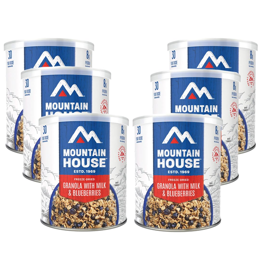 Mountain House Freeze Dried Granola With Milk & Bluberries #10 Can Hunting, Camping, Backpacking Food Backed by a 30-Year Taste Guarantee Survival & Emergency Ready to Eat Food Gluten Free 6 Cans