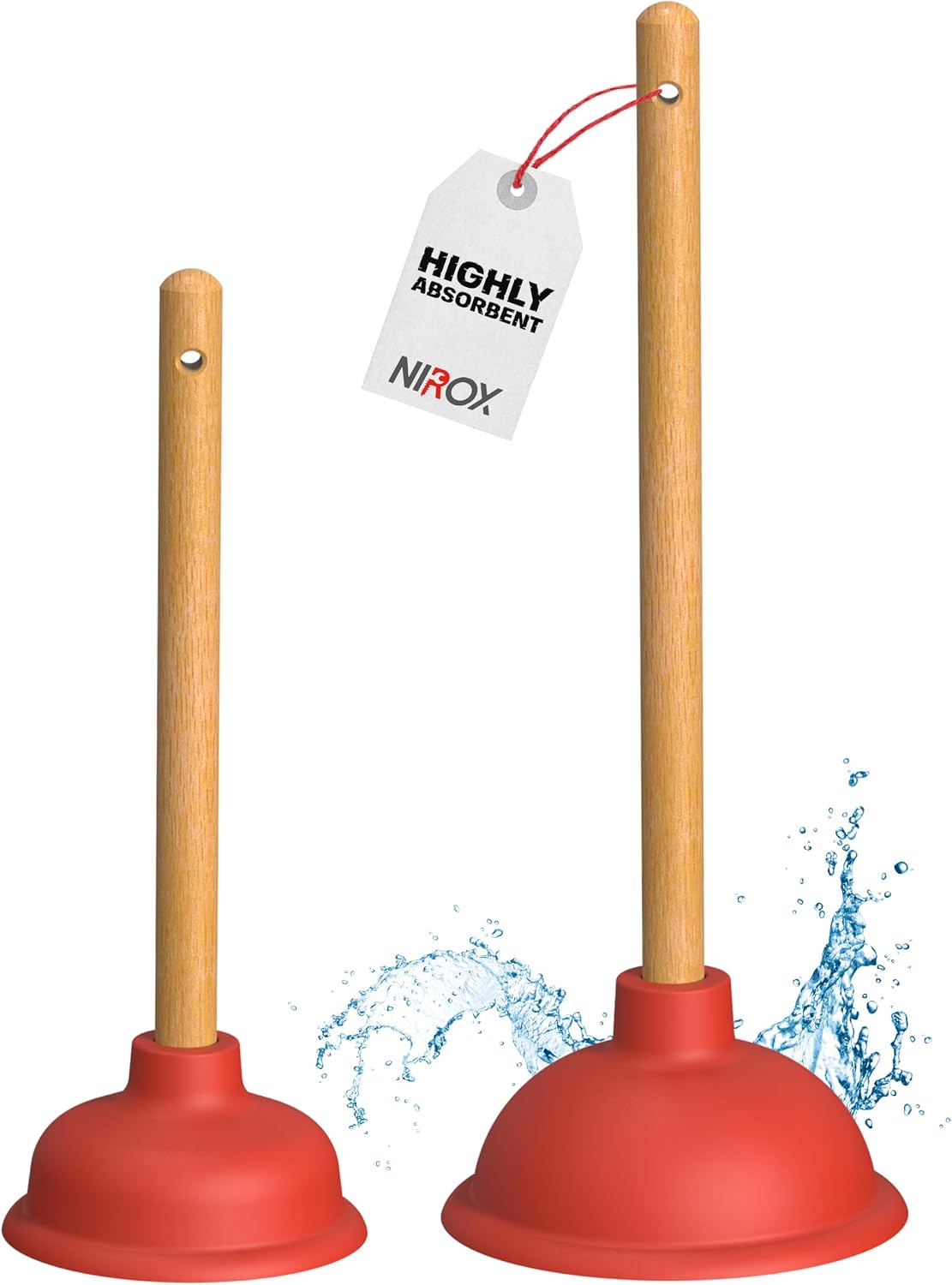 Nirox Set of 2 Sink Plungers 110 & 140 mm, Wooden Handles | toilet pump unblocker | chemical-free plumbers plunger | powerful suction