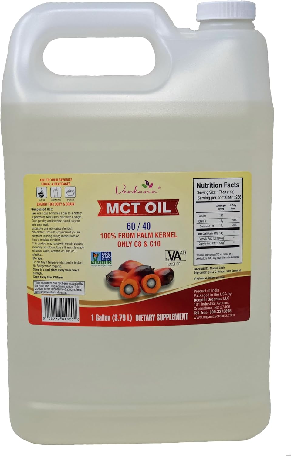 Verdana MCT Oil – Palm Kernel Derived – Kosher Food Grade – Vegan – NON GMO– Used for Keto, Paleo, Sports Nutrition, Aromatherapy, Massage, Ayurvedic Oil Pulling Oral Rinse Mouthwash – (1 Gallon)