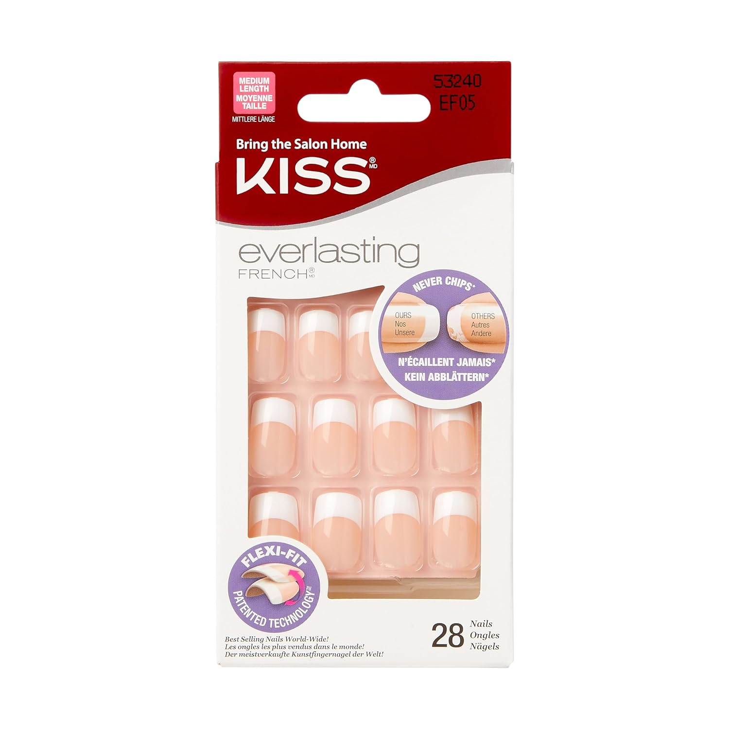 KISS Everlasting, Press-On Nails, Nail glue included, 'Infinite', French, Medium Size, Squoval Shape, Includes 28 Nails, 2g Glue, 1 Manicure Stick, 1 Mini file