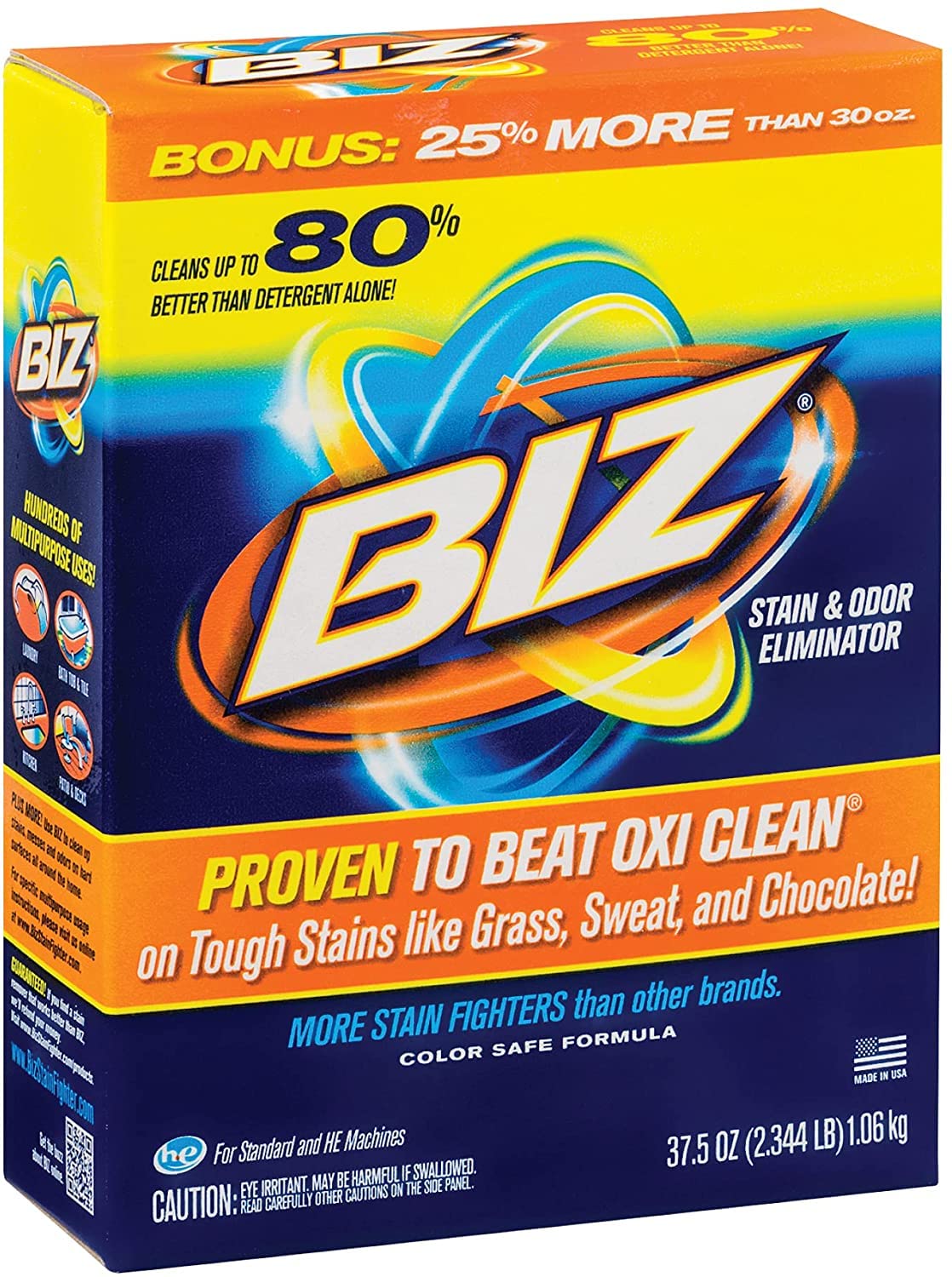 Biz Laundry Detergent Powder, Stain and Odor Eliminator for Tough Stains Like Grass Sweat and Chocolate, Powder Laundry Detergent with 4 Stain Fighters, Color Safe, HE Safe, Unscented, 37.5 Ounce