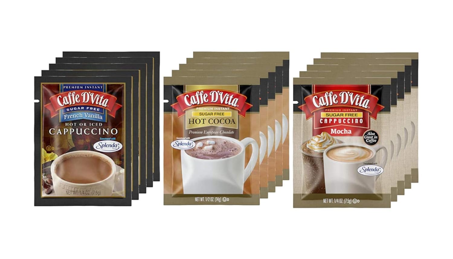 Caffe D'Vita Sugar Free Cappuccino Assortment (Hot Cocoa, French Vanilla, Mocha) - Instant Cappuccino Mix, Gluten Free, No Cholesterol, Sugar Free - 0.5 oz each, 15 Packets, 5 of Each Flavor
