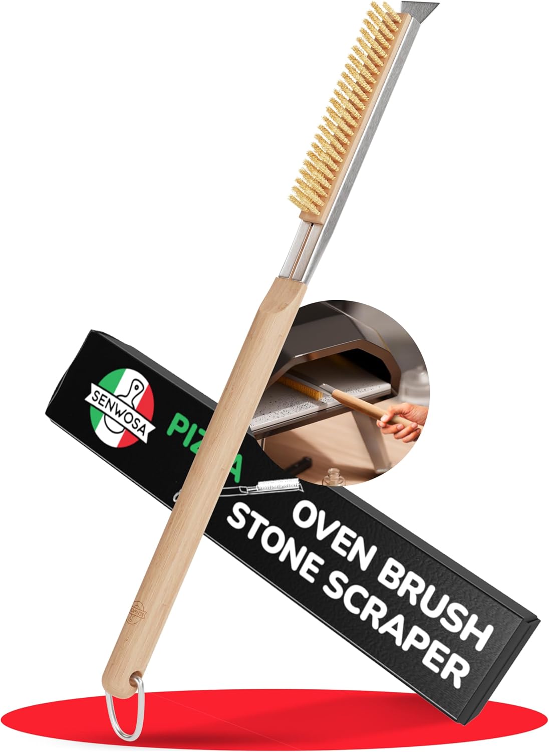22” Pizza Oven Brush with Stone Scraper - Heat Resistant Stainless Steel Bristles, Extra Long Handle - Universal Fit for Most Pizza Ovens