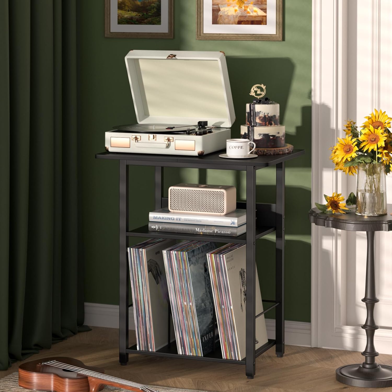 LELELINKY Narrow Black Record Player Stand, 23.62 inch Wide Record Storage Table with Storage Up to 100 Albums, 3 Tier Vintage Brown Turnatble, Rustic End Table for Living Room, Bedroom