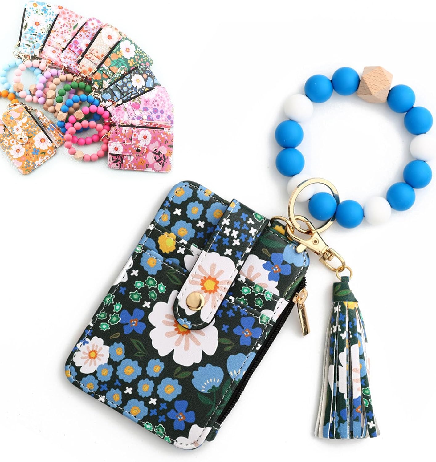 Women's Boho Beaded Wallet with Flower Pattern, Women Boho Style Beaded & Tassel Decorated Keychain, Credit Card Holder Purse (Dark blue)