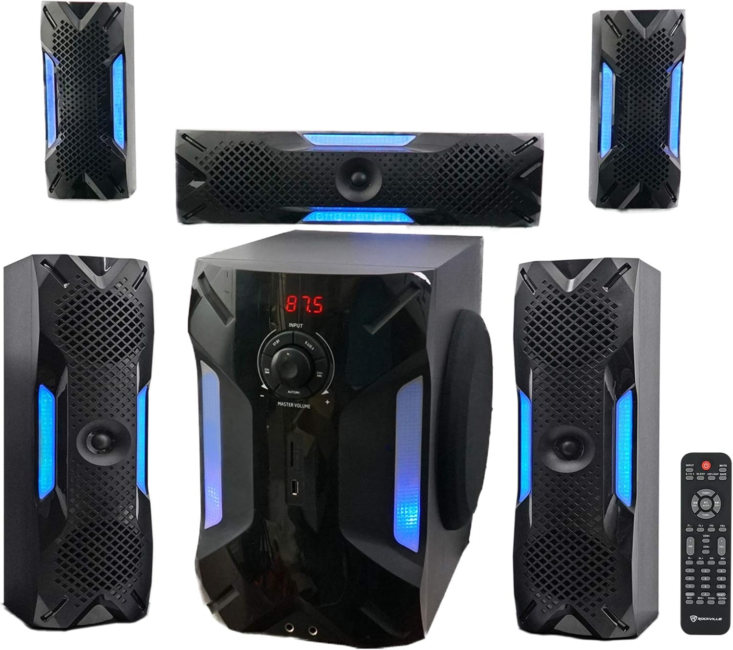 Rockville HTS56 1000W 5.1 Channel Home Theater System, Bluetooth, USB, 8" Subwoofer, LED Light Effects, Remote Control, Optical Input, for Movies, Music & Karaoke