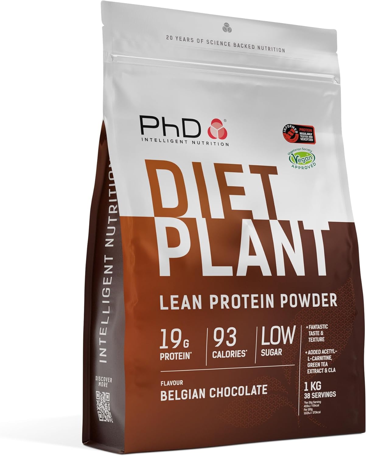 PhD Nutrition Diet Plant, High Protein Lean Matrix, Vegan Diet Protein Powder, Belgian Chocolate, 19g of Plant Protein, 40 Servings Per 1 kg Bag (Packaging May Vary)