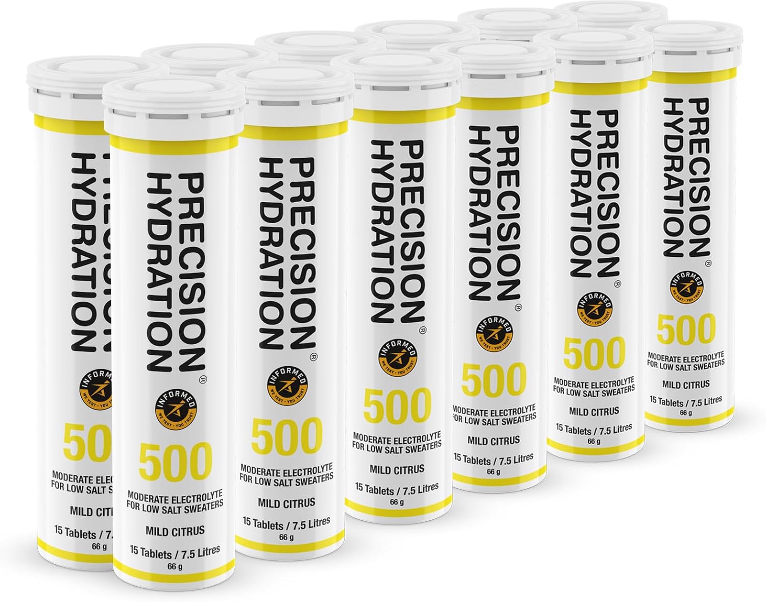 Precision Hydration Electrolyte Tablets - Multi Strength Effervescent Hydration Tablets - Combats Cramp - Low Calorie, Gluten Free, Vegan/Vegetarian Friendly (12 Tubes, 500mg/L - Yellow Tube)