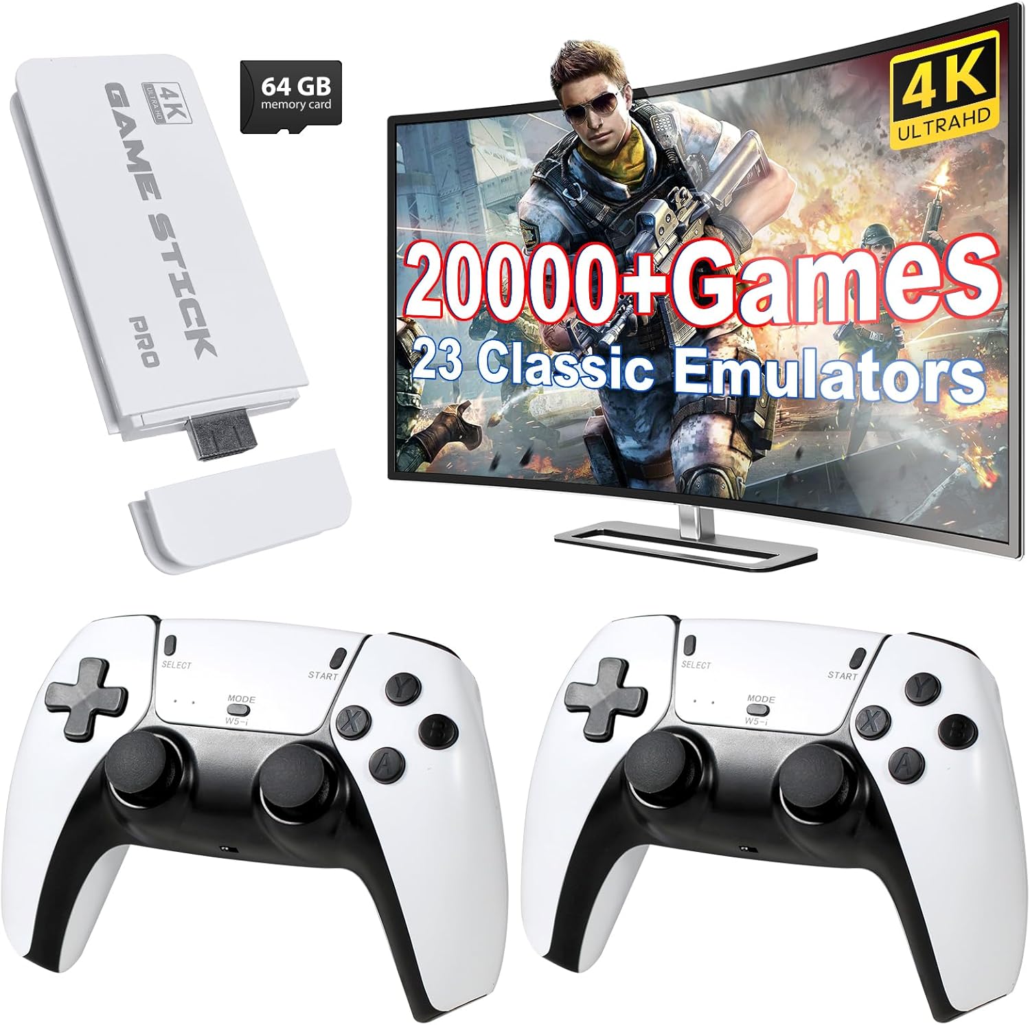 Retro Game Stick, 4K Wireless Retro Game Console with Built-in 20000+ Games and 23 Classic Emulators,Dual 2.4GHz Wireless Controllers,Plug and Play Video Games for TV（White）