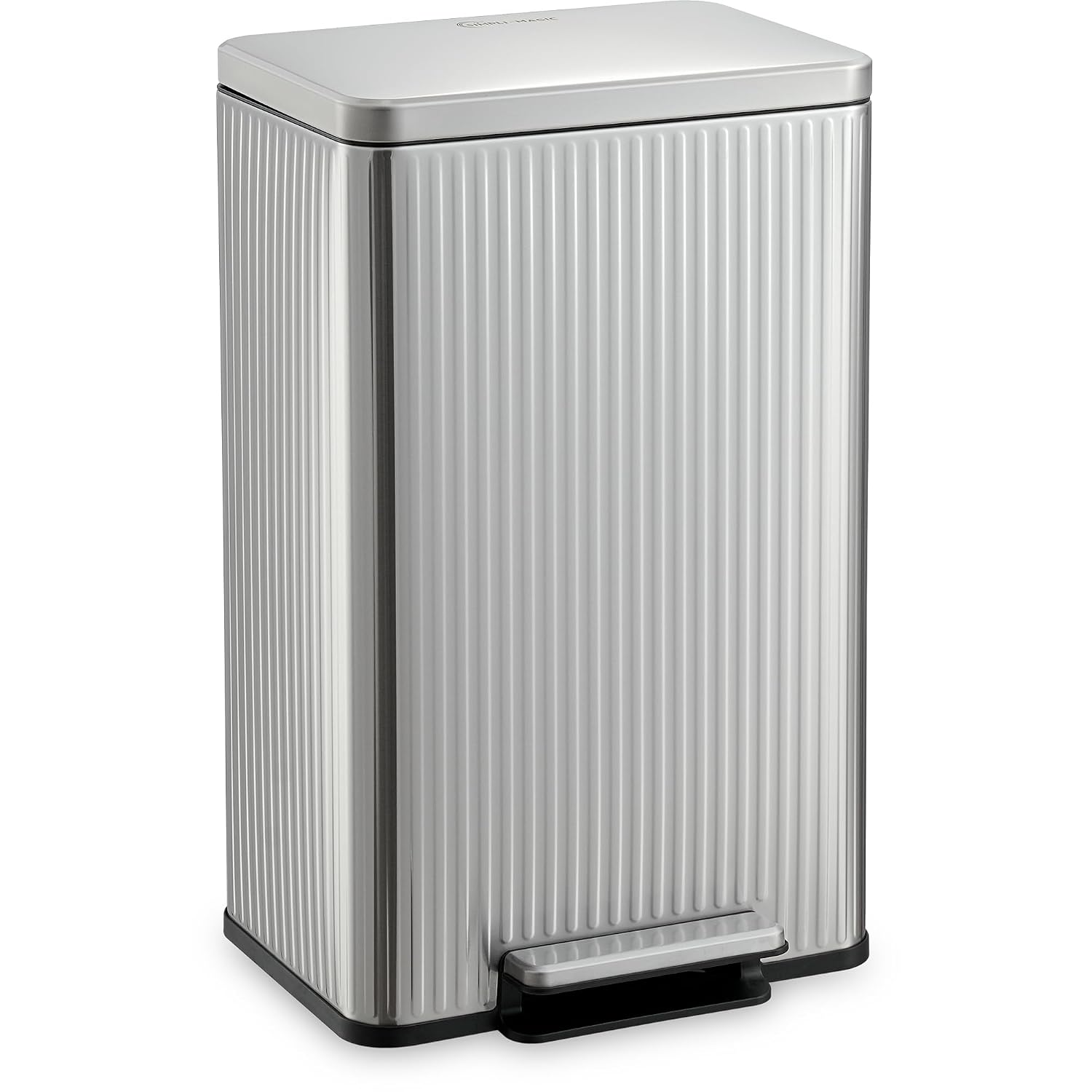 SIMPLI-MAGIC Fluted Kitchen Trash Can, 13 Gallon (50L), Soft-Close Lid, Hands-Free Foot Pedal, Removable Inner Bucket, Silver
