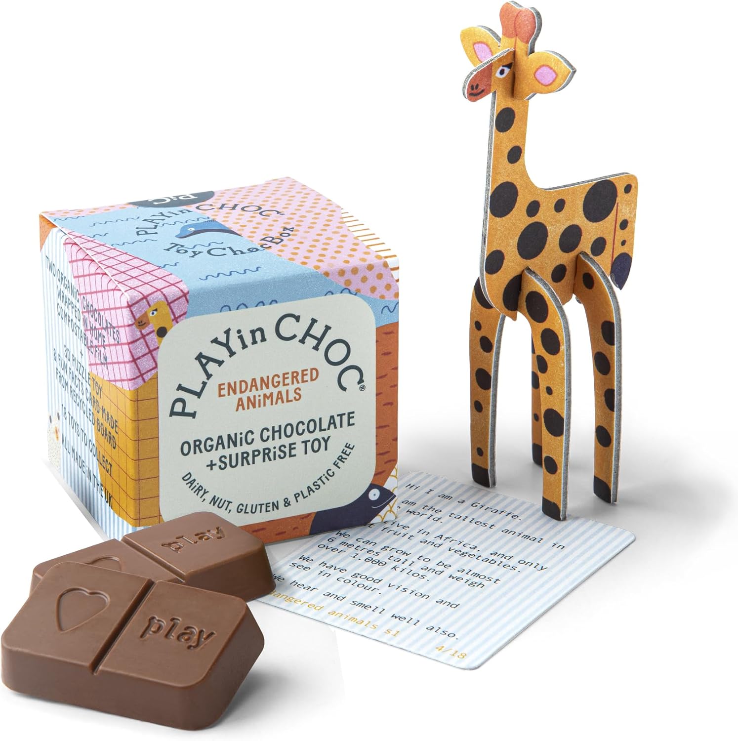 PLAYin CHOC ToyChoc Box, Organic Chocolate Gift Box for Kids With Surprise 3D Puzzle Toy, Gluten, Nut & Dairy Free Chocolate, Award Winning UK Chocolatier - Endangered Animals