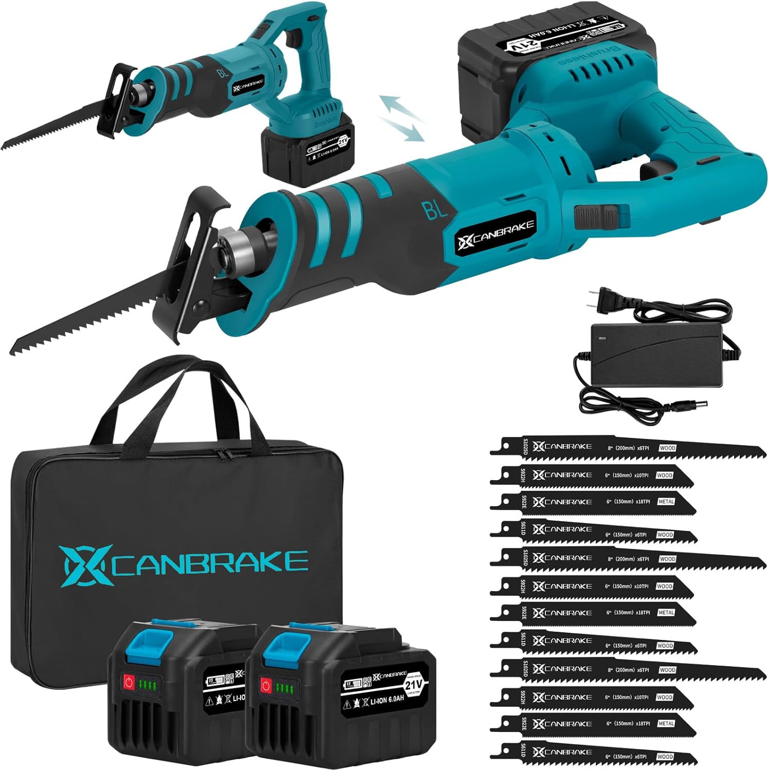 Cordless Rotated Handle Reciprocating Saw, 2 x 6.0Ah Battery, 12Pcs Blades, 28MM Stroke, 180° Cutting Angle, Wood/Metal/PVC