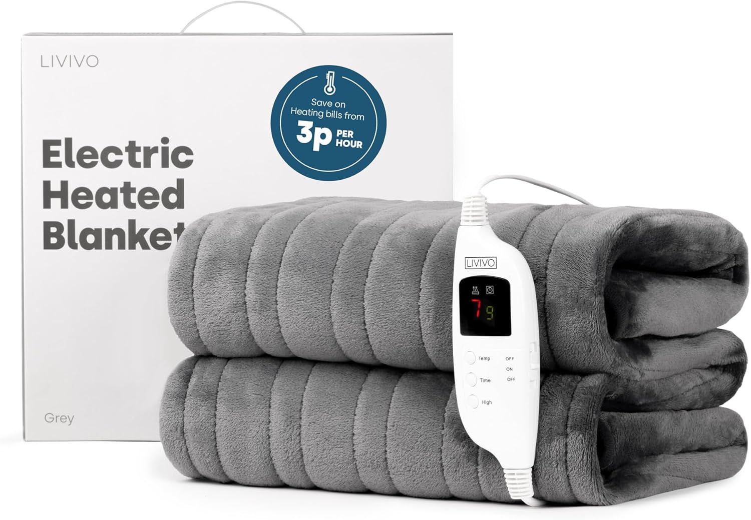 LIVIVO Heated Electric Over Blanket – Ultra Soft Micro Fleece Throw with Timer Function – 160x130cm - Easy to Use Detachable Digital Control - Machine Washable (Grey)