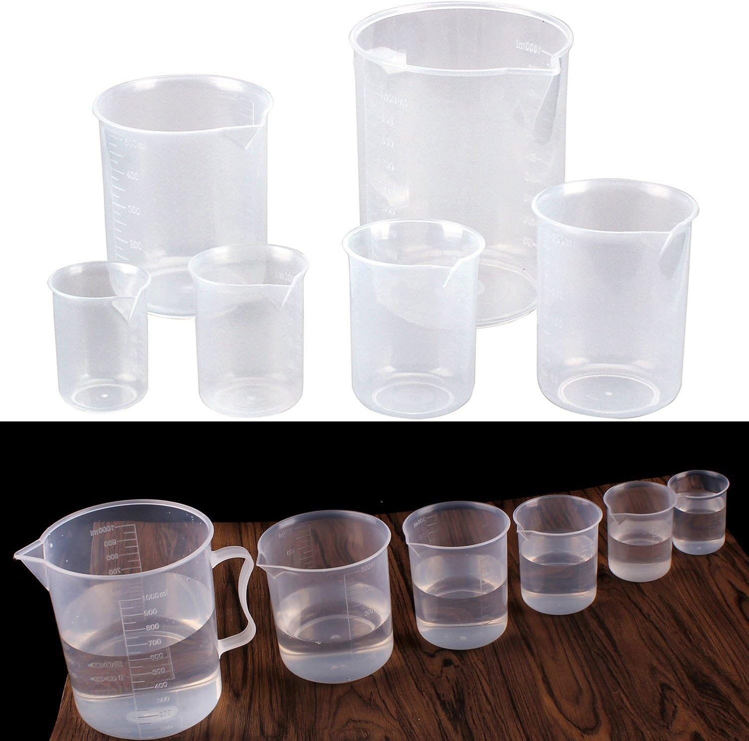 Lekeeu Plastic Measuring Jugs 6 PCS Measuring Cups Heat Resistant Plastic Jug Transparent Labs Graduated Beakers Mixing Cups Liquid Baking Cooking Measure Tool - 50ml 100ml 150ml 300ml 500ml 1000ml
