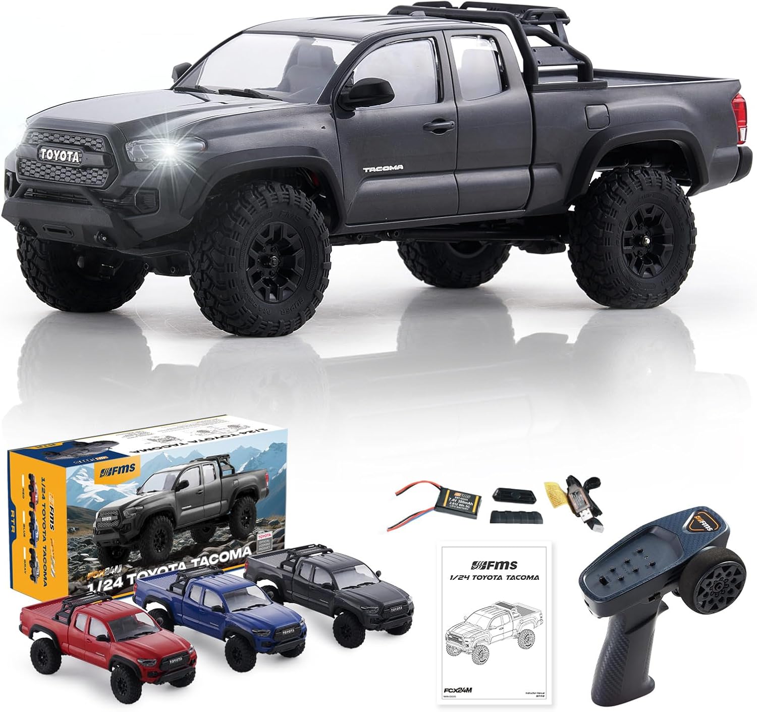 BEEZRC FMS 1/24 RC Crawler FCX24M Tacoma Toyota Official Licensed ABS Hard Body 4WD Off-Road RC Rock Truck,2-Speed Transmission, Hobby Grade Remote Control Car for Adults RTR Grey