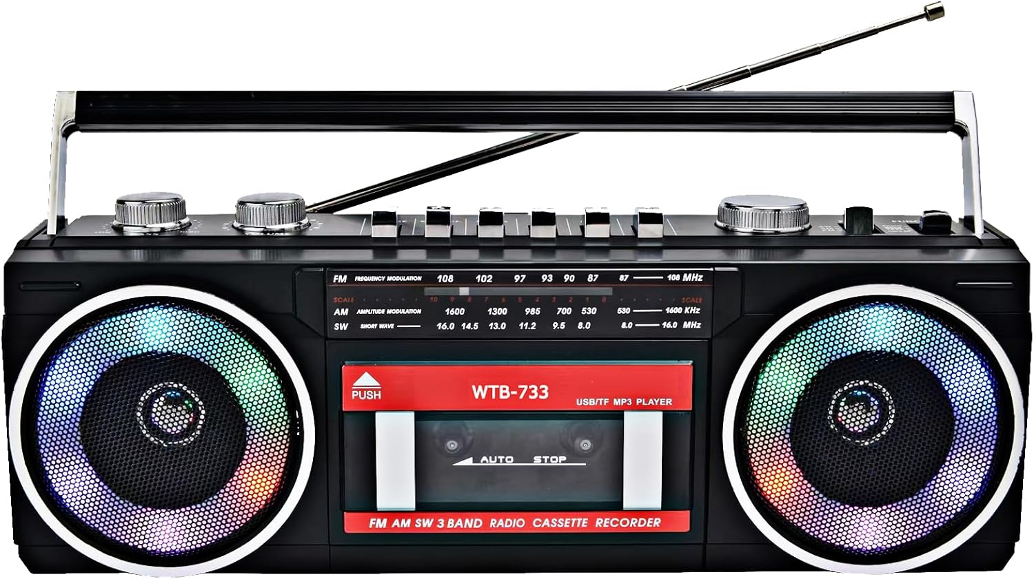 Cassette Player Recorder with AM/FM/SW Radio, Bluetooth Boombox, USB, Built-in MIC for Voice Recording, RGB Colorful Lights, Headphone Jack, AC or Battery Powered, Retro 80's